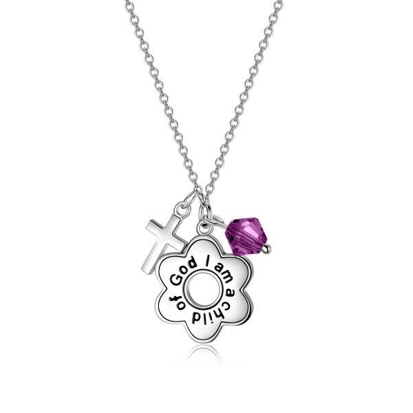 Sterling Silver "I Am a Child of God" Pendant Necklaces With Purple Crystal-0