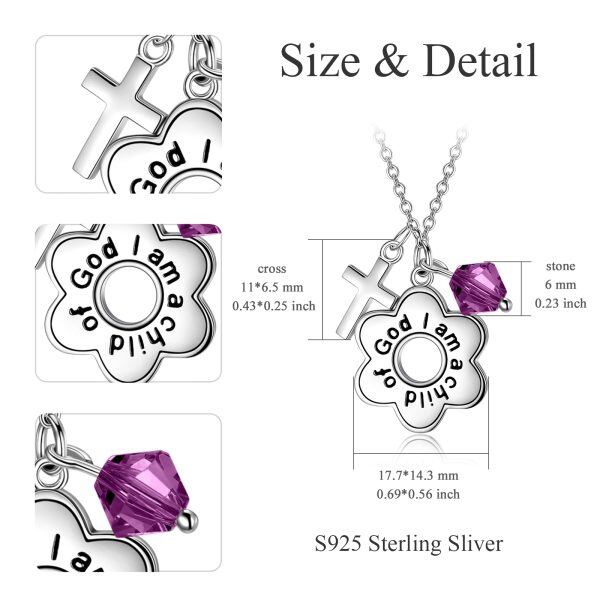 Sterling Silver "I Am a Child of God" Pendant Necklaces With Purple Crystal-1