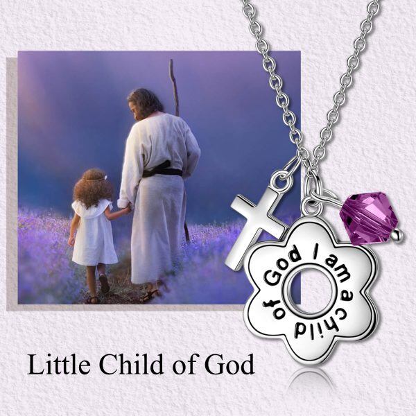 Sterling Silver "I Am a Child of God" Pendant Necklaces With Purple Crystal-2