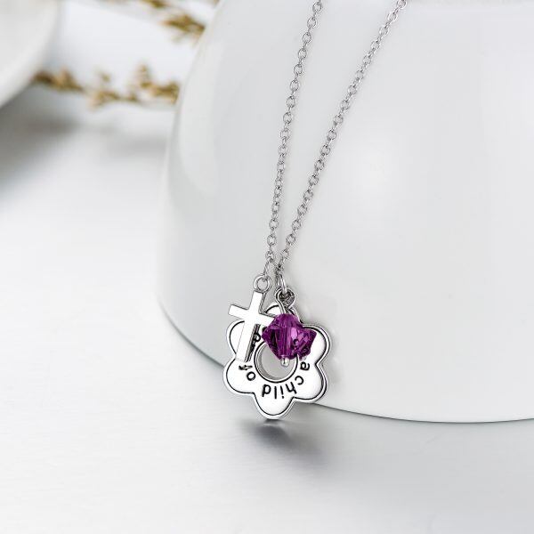 Sterling Silver "I Am a Child of God" Pendant Necklaces With Purple Crystal-7