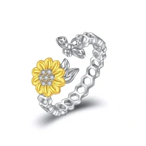 Sterling Silver Sunflower& Bee Adjustable Rings-0