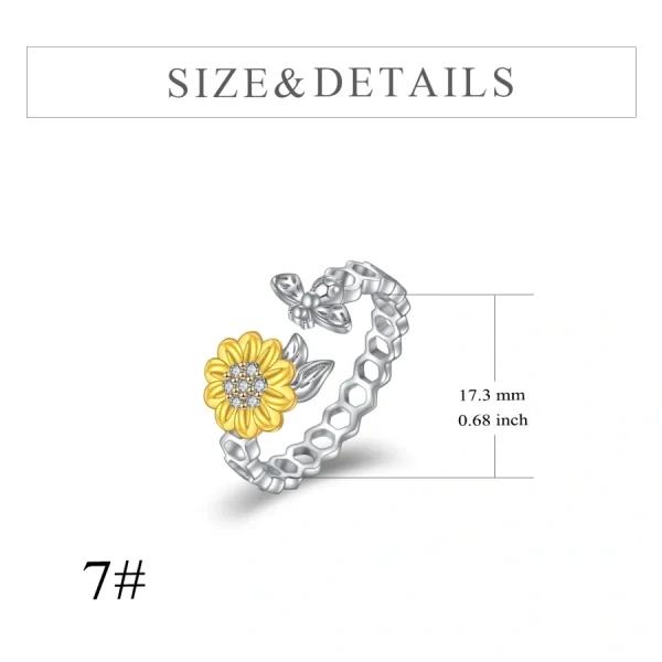 Sterling Silver Sunflower& Bee Adjustable Rings-1