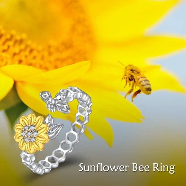 Sterling Silver Sunflower& Bee Adjustable Rings-2