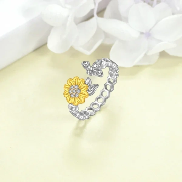 Sterling Silver Sunflower& Bee Adjustable Rings-4