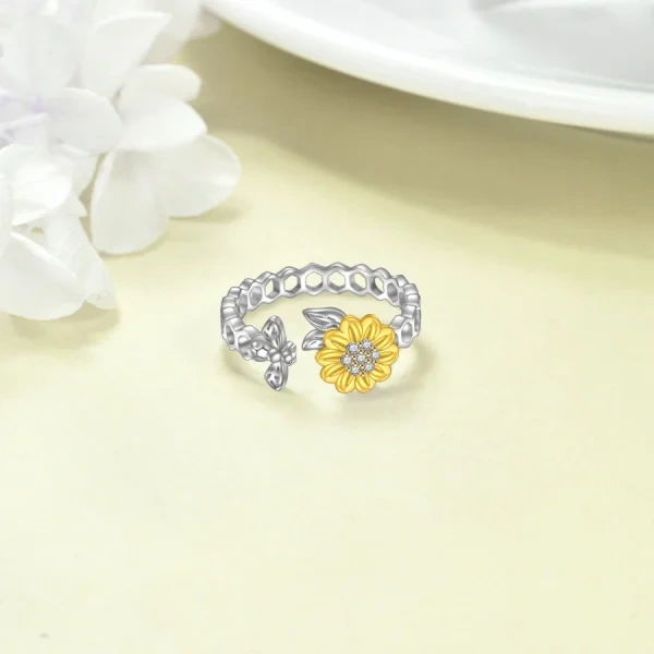 Sterling Silver Sunflower& Bee Adjustable Rings-5