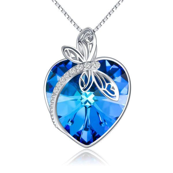 Sterling Silver Dragonfly Pendant Necklace With Blue Heart Crystal-0