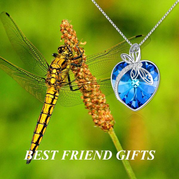 Sterling Silver Dragonfly Pendant Necklace With Blue Heart Crystal-2