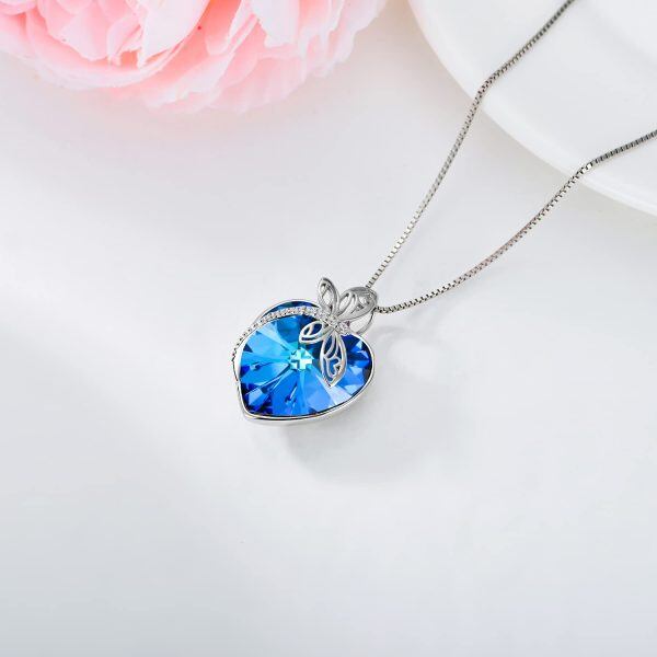 Sterling Silver Dragonfly Pendant Necklace With Blue Heart Crystal-4