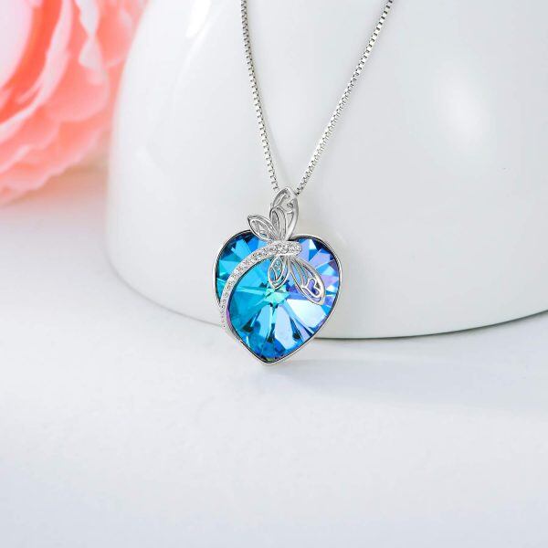 Sterling Silver Dragonfly Pendant Necklace With Blue Heart Crystal-5