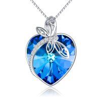 wholesale 925 Sterling Silver Blue Heart Shaped Crystal Dragonfly Pendant Necklace- Rhodium Plated