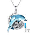 wholesale 925 Sterling Silver Blue Crystal Dolphin Pendant with Black Wave Design - Ocean Memorial Keepsake Jewelry-0-0