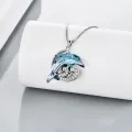 wholesale 925 Sterling Silver Blue Crystal Dolphin Pendant with Black Wave Design - Ocean Memorial Keepsake Jewelry-0-4