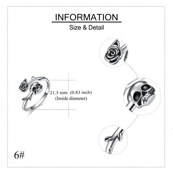 Sterling Silver Gothic Skull & Rose Flower Adjustable Rings-1