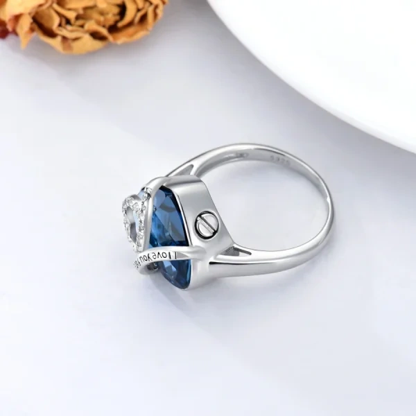 Sterling Silver Blue Crystal Heart Urn Ring-4