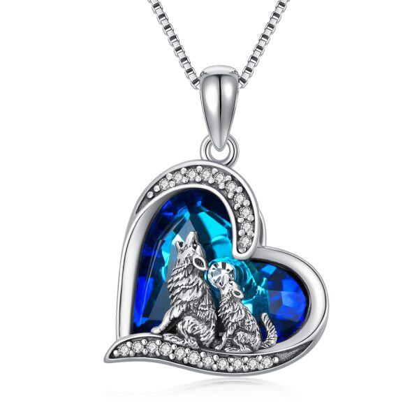 Sterling Silver Howling Wolf Pendant Necklace With Blue Heart Crystal-0