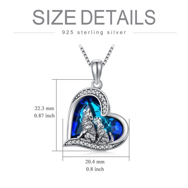 Sterling Silver Howling Wolf Pendant Necklace With Blue Heart Crystal-1