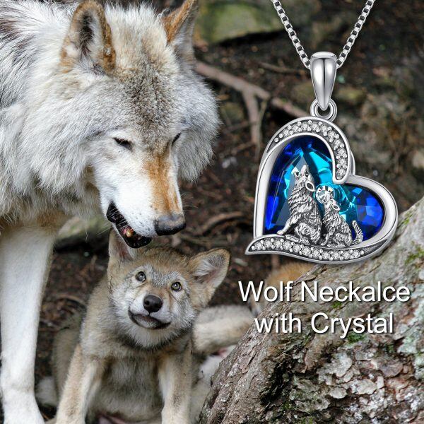 Sterling Silver Howling Wolf Pendant Necklace With Blue Heart Crystal-2