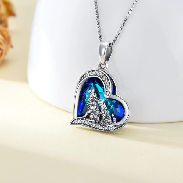 Sterling Silver Howling Wolf Pendant Necklace With Blue Heart Crystal-4