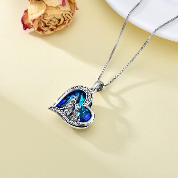 Sterling Silver Howling Wolf Pendant Necklace With Blue Heart Crystal-5