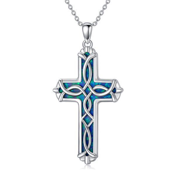 Sterling Silver Blue Opal Celtic Cross Pendant Necklace-0