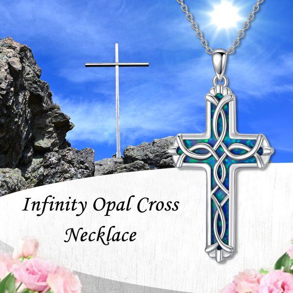 Sterling Silver Blue Opal Celtic Cross Pendant Necklace-2