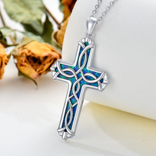 Sterling Silver Blue Opal Celtic Cross Pendant Necklace-4