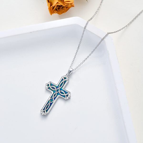 Sterling Silver Blue Opal Celtic Cross Pendant Necklace-5