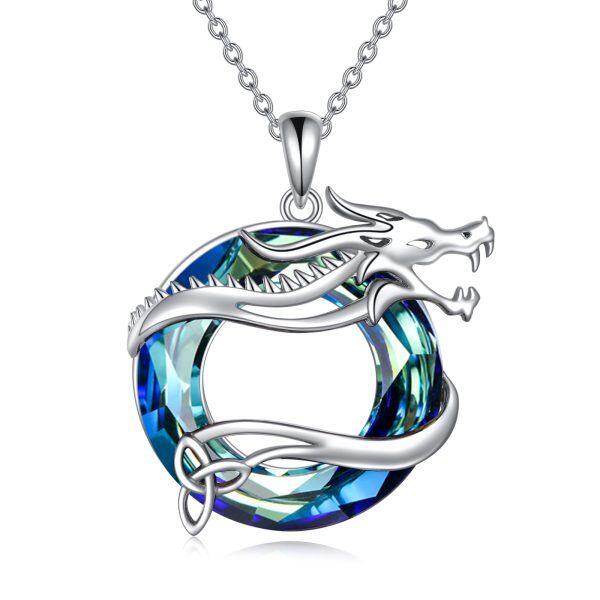 Sterling Silver Celtic Dragon Pendant Necklace With Blue Crystal-0