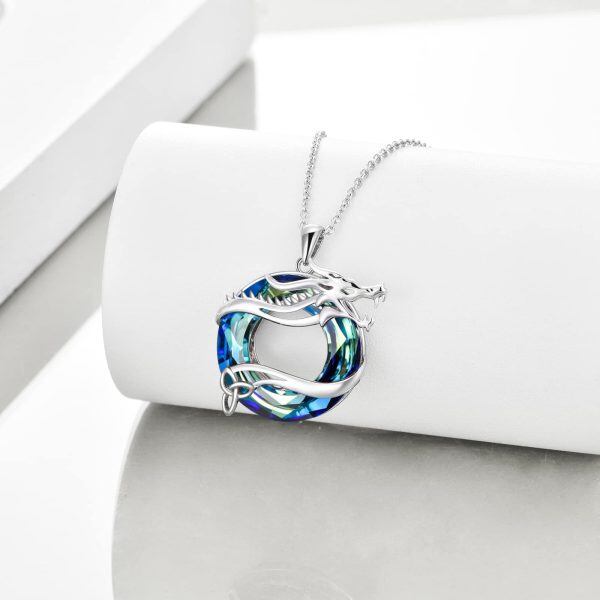 Sterling Silver Celtic Dragon Pendant Necklace With Blue Crystal-4