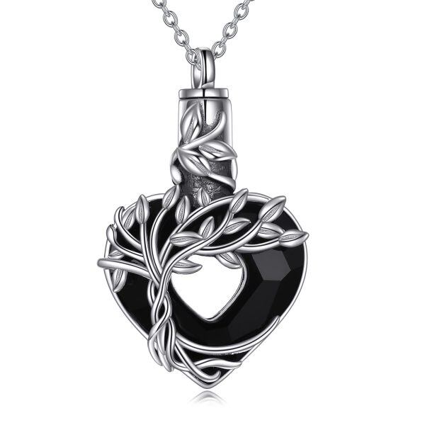 Sterling Silver Tree of Life Urn Necklaces With Heart Shaped Black Crystal-0