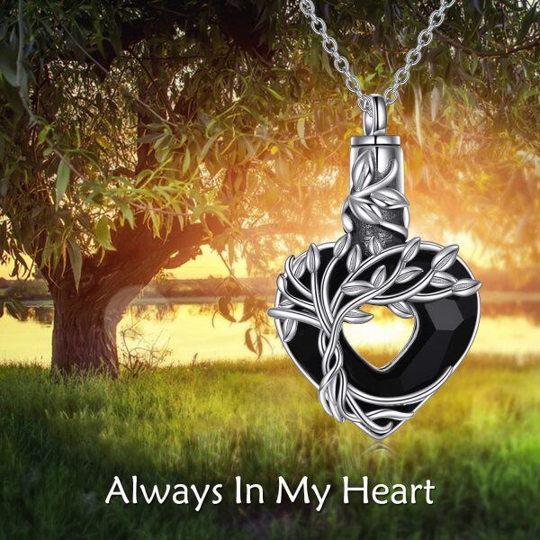 Sterling Silver Tree of Life Urn Necklaces With Heart Shaped Black Crystal-1