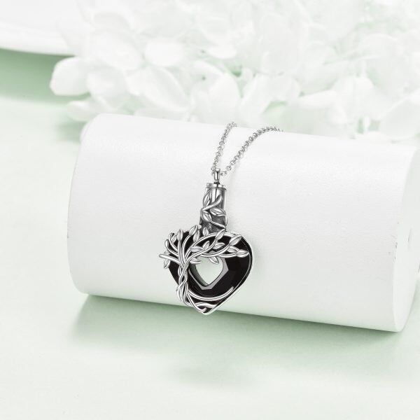 Sterling Silver Tree of Life Urn Necklaces With Heart Shaped Black Crystal-5