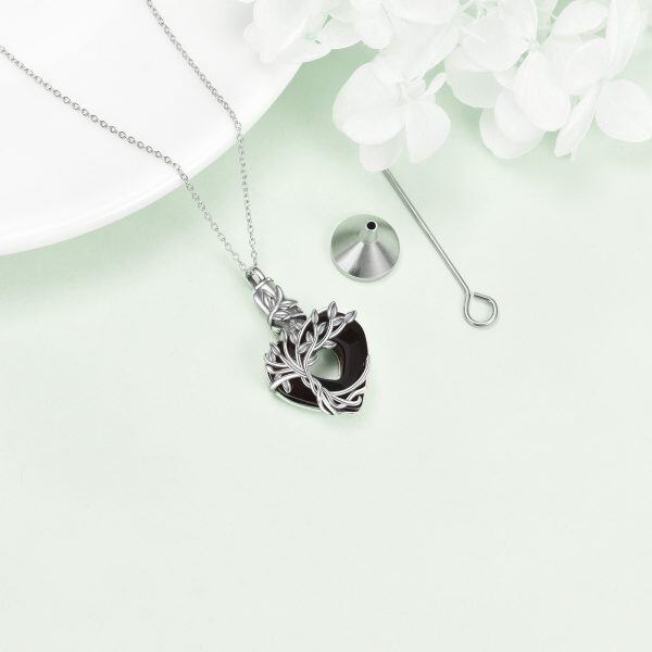 Sterling Silver Tree of Life Urn Necklaces With Heart Shaped Black Crystal-6