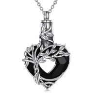 wholesale 925 Sterling Silver Tree of Life Black Onyx Heart Keepsake Pendant Necklace for Women's Memorial Jewelry- Rhodium Plated