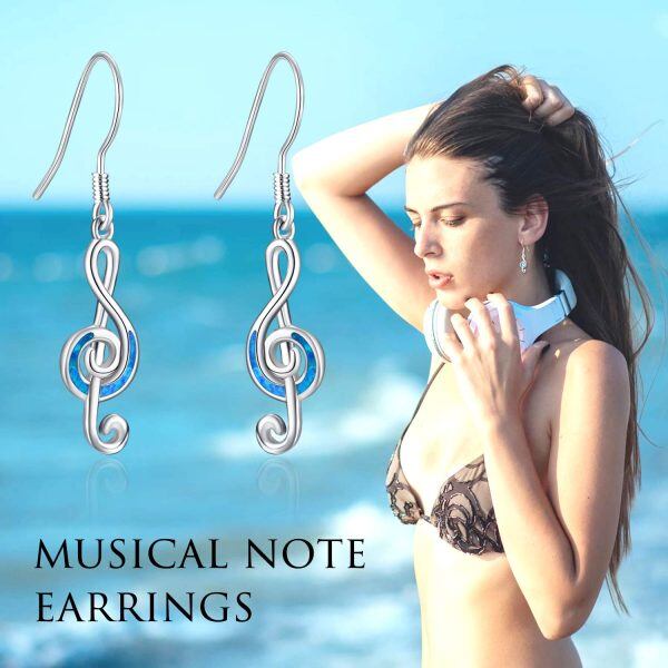 Sterling Silver Opal Musical Note Treble Clef Drop Earrings-2