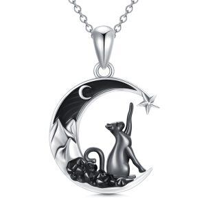 Sterling Silver Crescent Moon Cat Pendant Necklaces-0