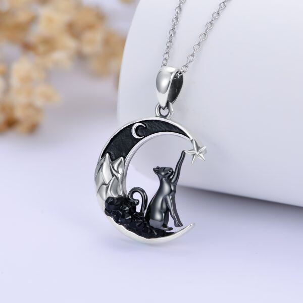 Sterling Silver Crescent Moon Cat Pendant Necklaces-2