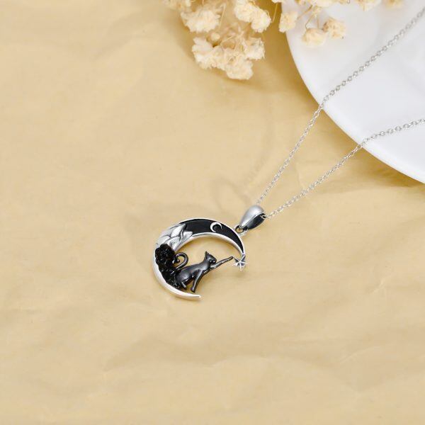 Sterling Silver Crescent Moon Cat Pendant Necklaces-3