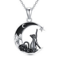 wholesale 925 Sterling Silver Crescent Moon with Black Cat and Star Charm Pendant Necklace- Oxidized/Oxidised