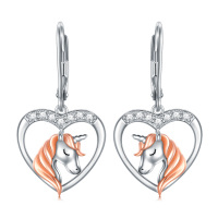 wholesale 925 Sterling Silver Heart-Shaped Unicorns with Rose Gold Accents and Cubic Zirconia Studs for Kids- Two Tone