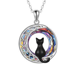 Sterling Silver Black Cat & Celtic Moon Pendant Necklaces With Crystal -0