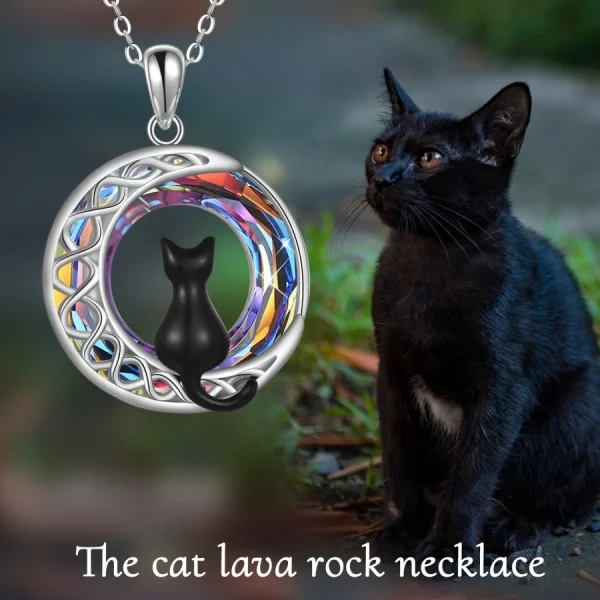 Sterling Silver Black Cat & Celtic Moon Pendant Necklaces With Crystal -2