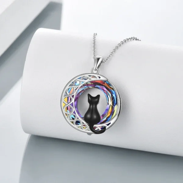 Sterling Silver Black Cat & Celtic Moon Pendant Necklaces With Crystal -4