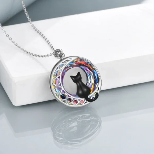 Sterling Silver Black Cat & Celtic Moon Pendant Necklaces With Crystal -5