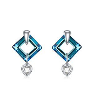 Sterling Silver Blue Square Crystal Drop Earrings-0