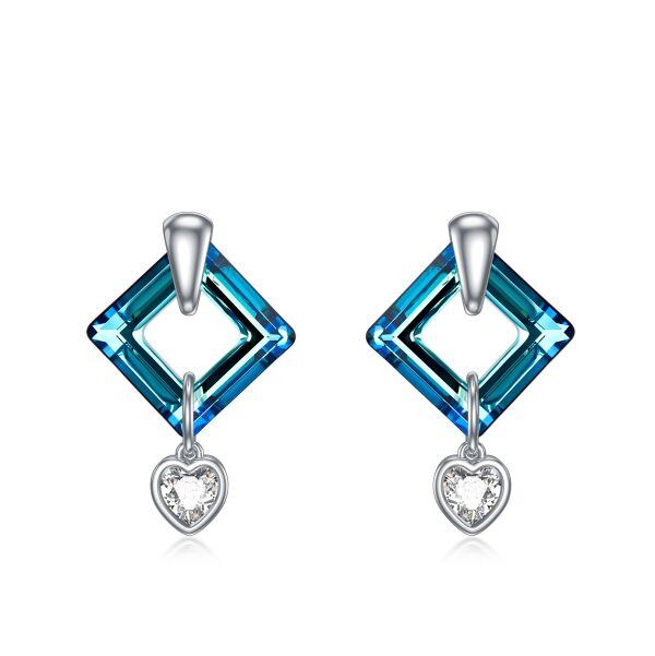 Sterling Silver Blue Square Crystal Drop Earrings-0