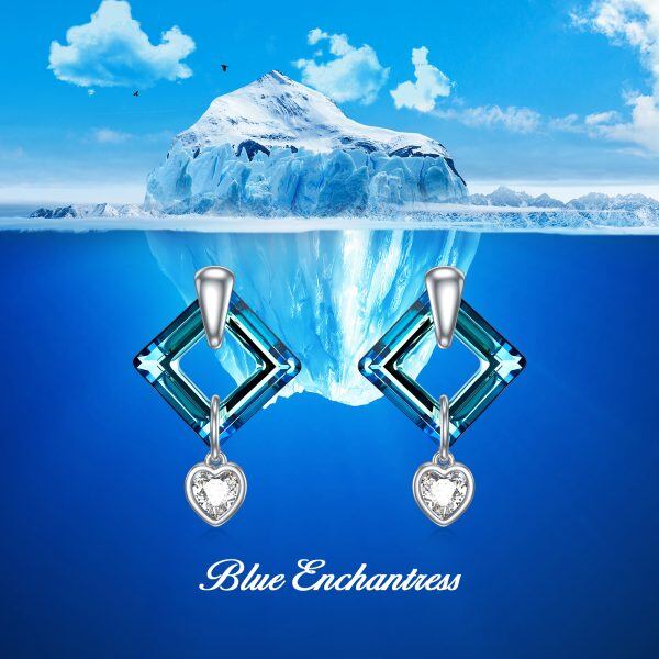 Sterling Silver Blue Square Crystal Drop Earrings-2