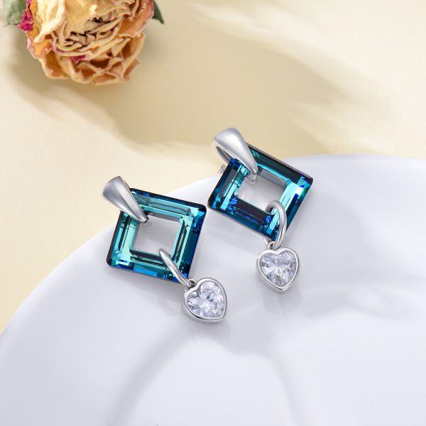 Sterling Silver Blue Square Crystal Drop Earrings-4