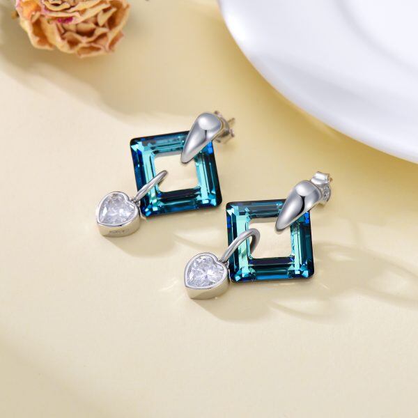 Sterling Silver Blue Square Crystal Drop Earrings-5