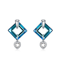 wholesale 925 Sterling Silver Blue Square Crystal Heart Drop Stud Earrings for Women Gift Jewelry- Rhodium Plated